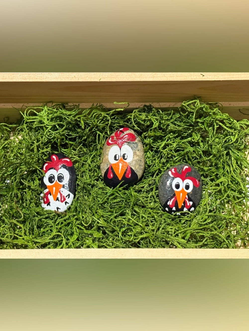 Hand-Painted Chicken Rock Trio - Bright Red & Orange Accents